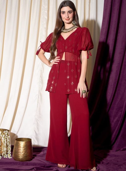 Embroidered Sequined Top With Palazzo
